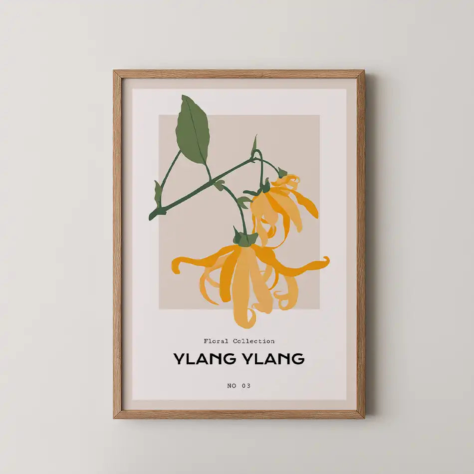Modern Ylang Ylang floral art print featuring vibrant yellow petals and lush green leaves on a soft beige background, part of the Botanical Collection, perfect for home decor"