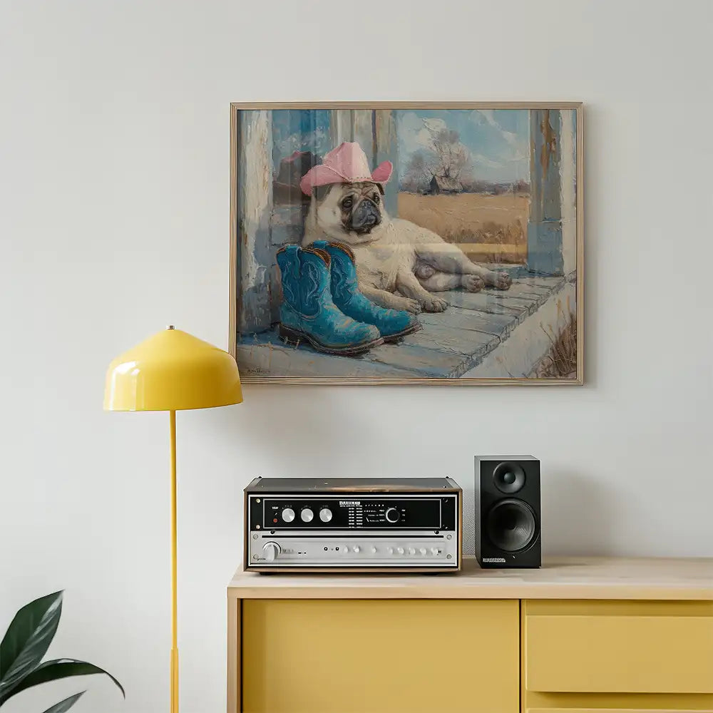 Modern wall art featuring a pug wearing a pink cowboy hat beside blue cowboy boots, set in a cozy home interior with yellow lamp and vintage stereo.