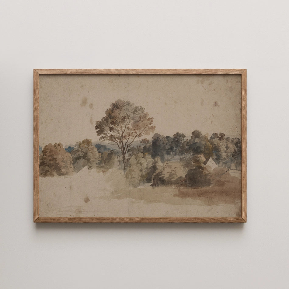 Framed watercolor painting of a serene landscape featuring trees and greenery.