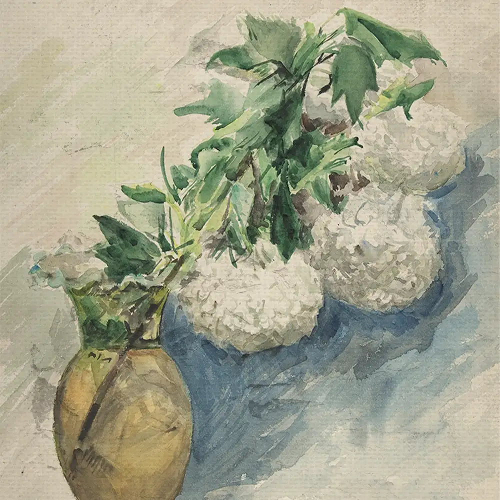 Watercolor painting of a vase with white flowers and green leaves against a textured background.