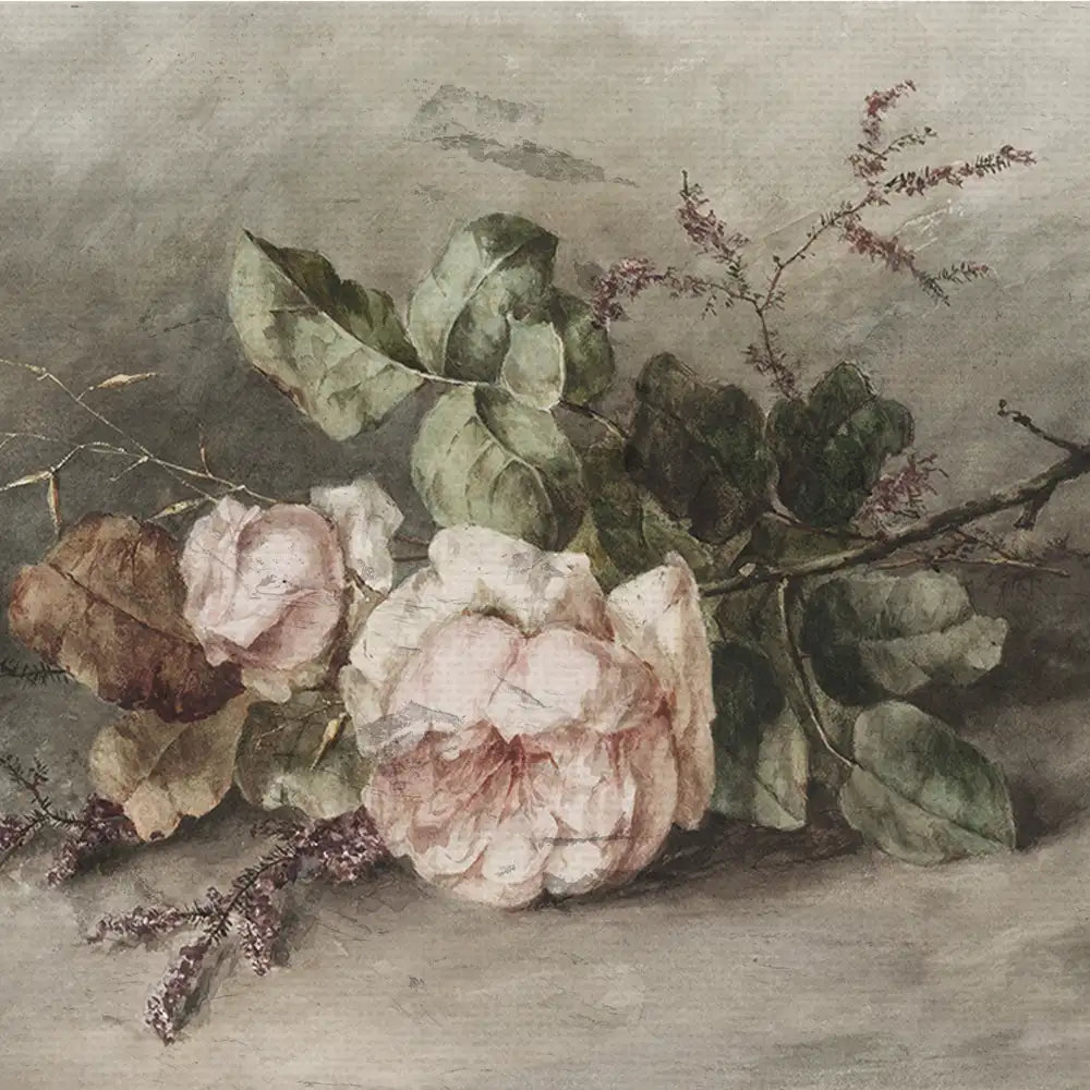 Painting of soft pink roses with green leaves and delicate purple accents on a muted background.