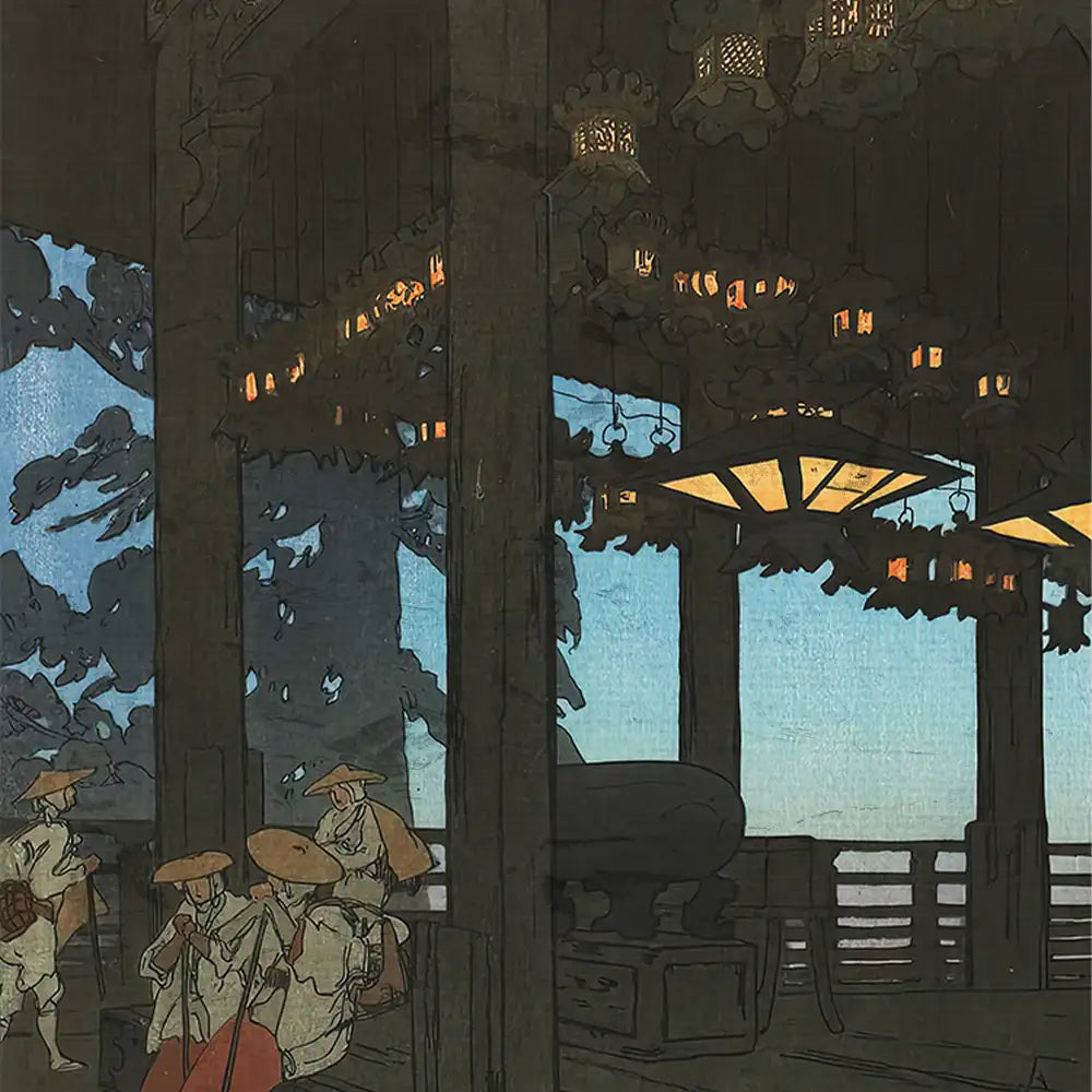 Interior scene featuring traditional Japanese lanterns and figures in historical clothing, showcasing artistry in a serene setting.