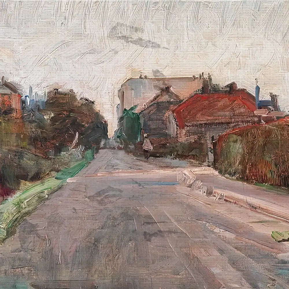 A landscape painting depicting a quiet street lined with houses and greenery under a cloudy sky.