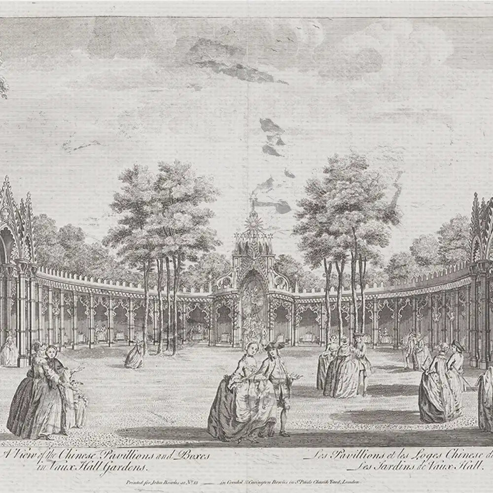 A black and white illustration of the Chinese pavilions and boxes in Vauxhall Gardens, depicting elegantly dressed figures in a landscaped setting with trees and architectural details.