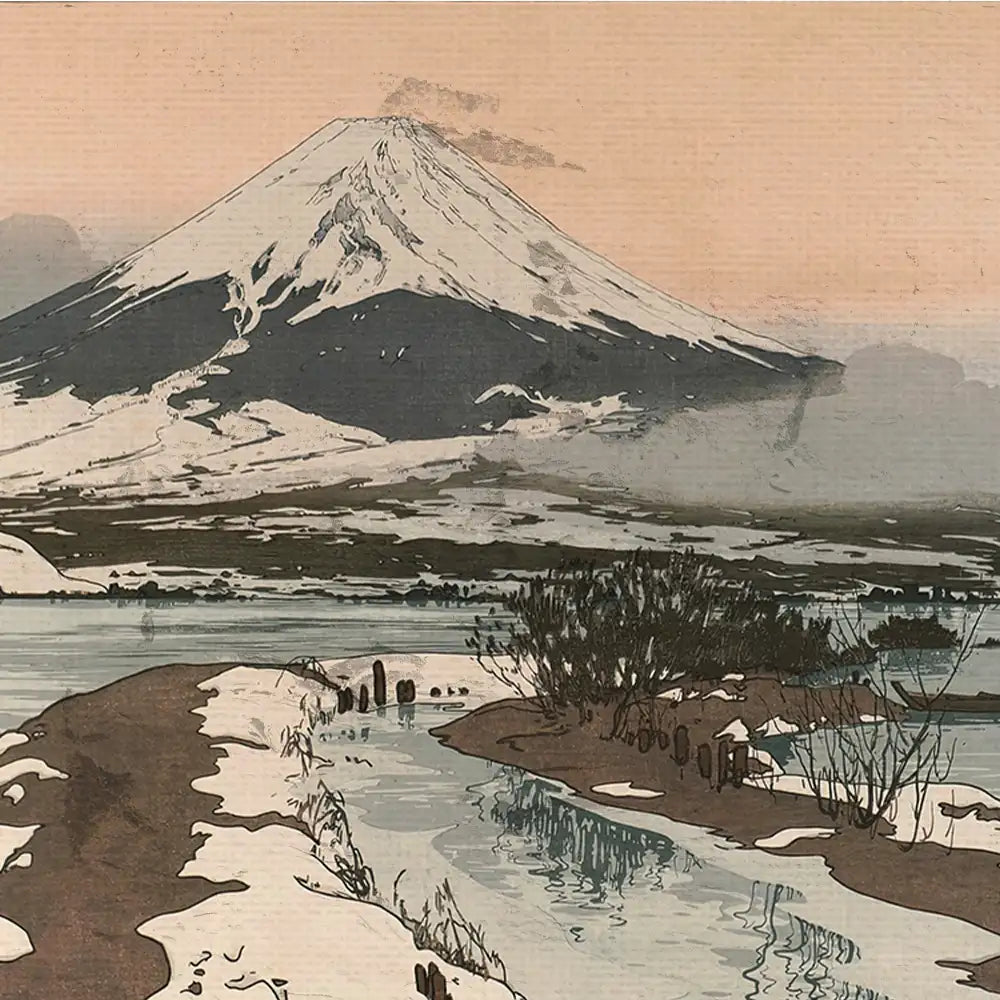 Snow-capped mountain landscape print featuring a tranquil river and snowy path under a pastel sky.