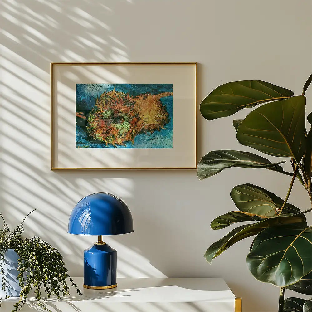 Framed painting featuring vibrant sunflowers in a blue background, displayed on a wall next to a stylish blue lamp and a green plant.