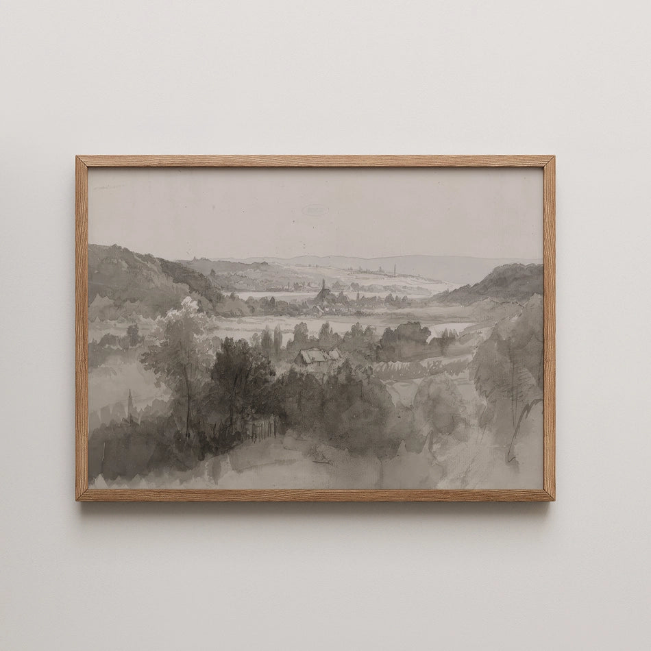 Framed black and white landscape painting featuring rolling hills and trees in a serene setting.