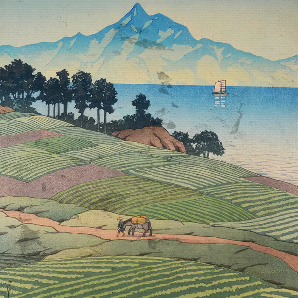 A serene landscape painting depicting rolling hills, lush green fields, a distant mountain range, and a calm body of water with a traditional sailing boat, featuring two figures walking along a path.