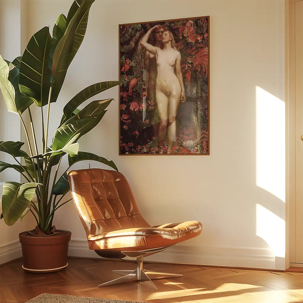 Painting of a woman amidst vibrant foliage, hanging on a wall next to a modern leather chair and a large potted plant.