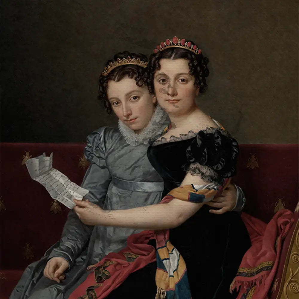 Portrait of two elegantly dressed women seated together, one holding a piece of sheet music, with a dark background.