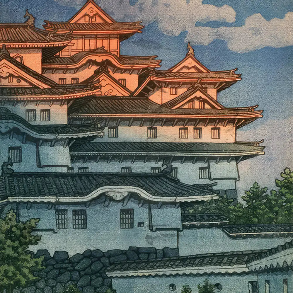 Traditional Japanese castle painting with intricate architectural details and a serene sky in the background.