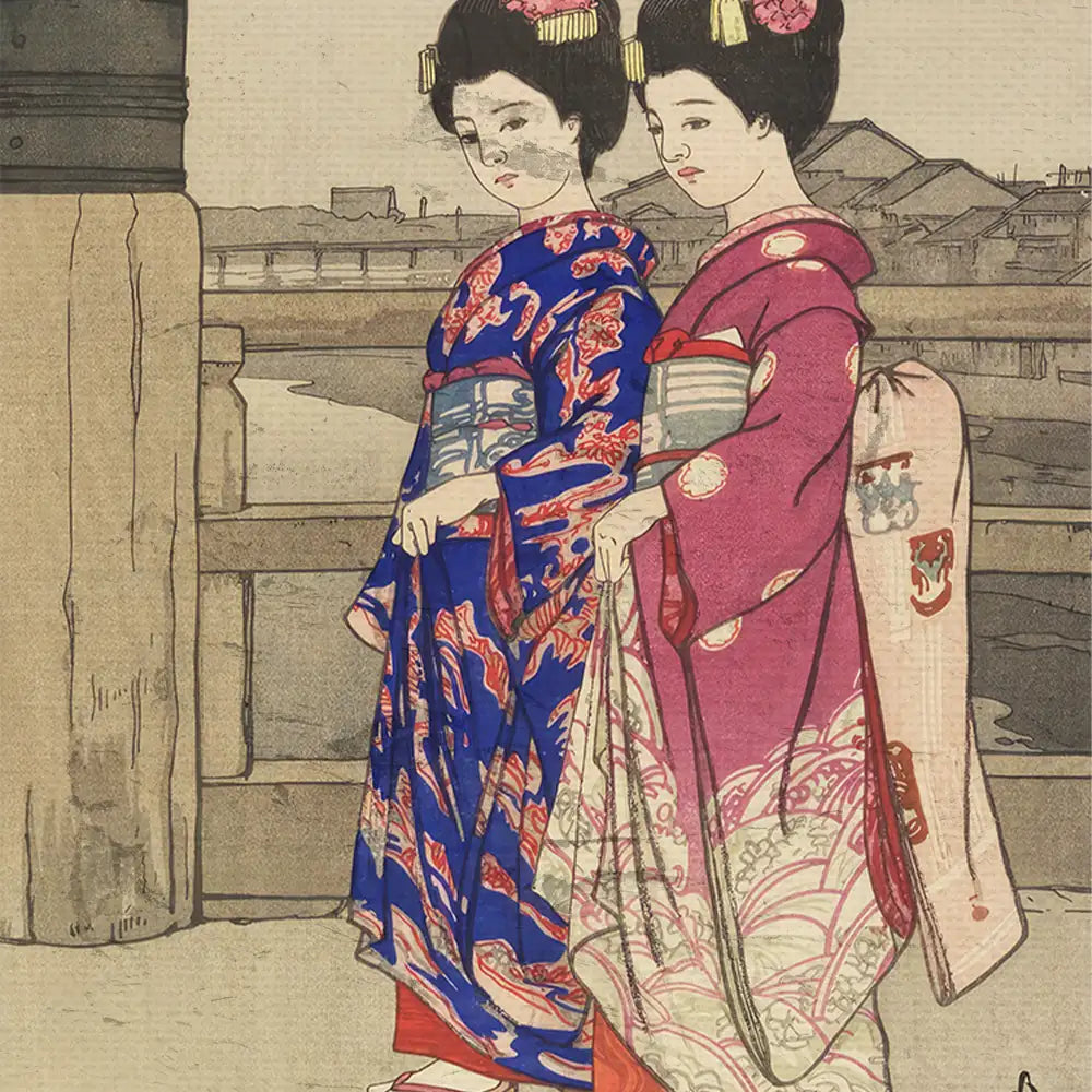 Two women in traditional Japanese kimonos, one blue and one pink, standing on a bridge with a river and buildings in the background.