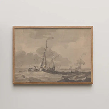 Framed painting of sailing boats on turbulent waters under a cloudy sky, featuring muted tones of gray and beige.