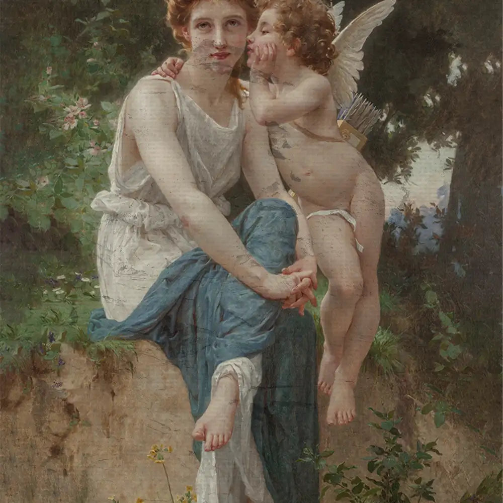 Mother and child with angelic figure, classical painting, depicted in a natural setting with flowers and greenery.