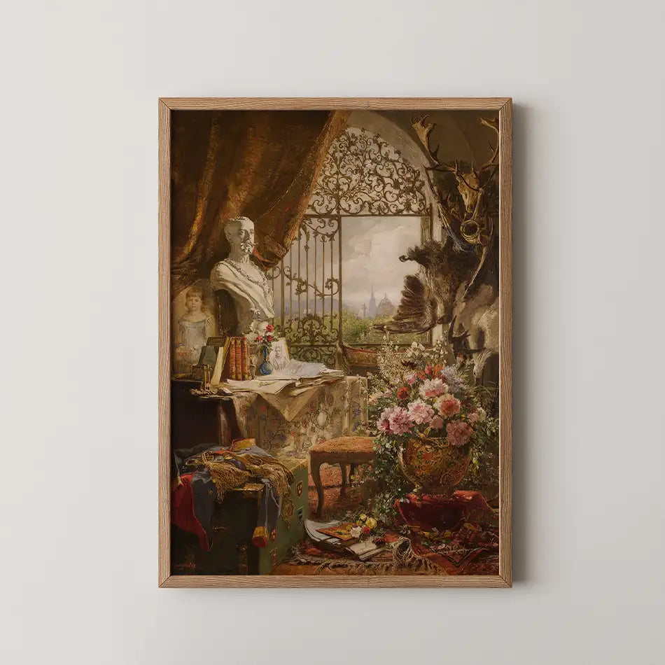 A classical still-life painting depicting an indoor scene with a statue, floral arrangements, books, and a scenic view through an ornate window.