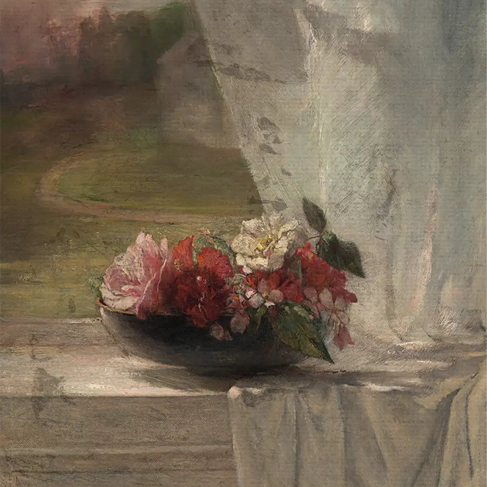 Painting of a floral arrangement in a black bowl placed on a windowsill with sheer curtains, depicting roses and other colorful flowers.