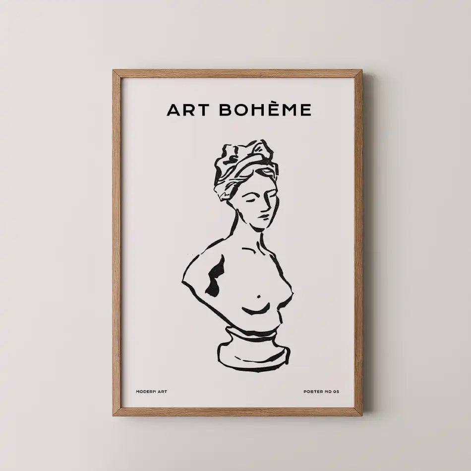 Modern art print featuring an ink sketch of a classical bust titled 'ART BOHÈME,' set against a soft neutral background, perfect for contemporary décor"