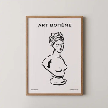 Modern art print featuring an ink sketch of a classical bust titled 'ART BOHÈME,' set against a soft neutral background, perfect for contemporary décor"