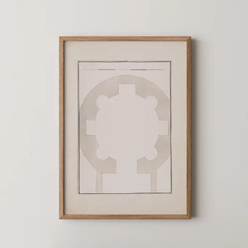 Framed abstract painting with geometric design in muted colors.