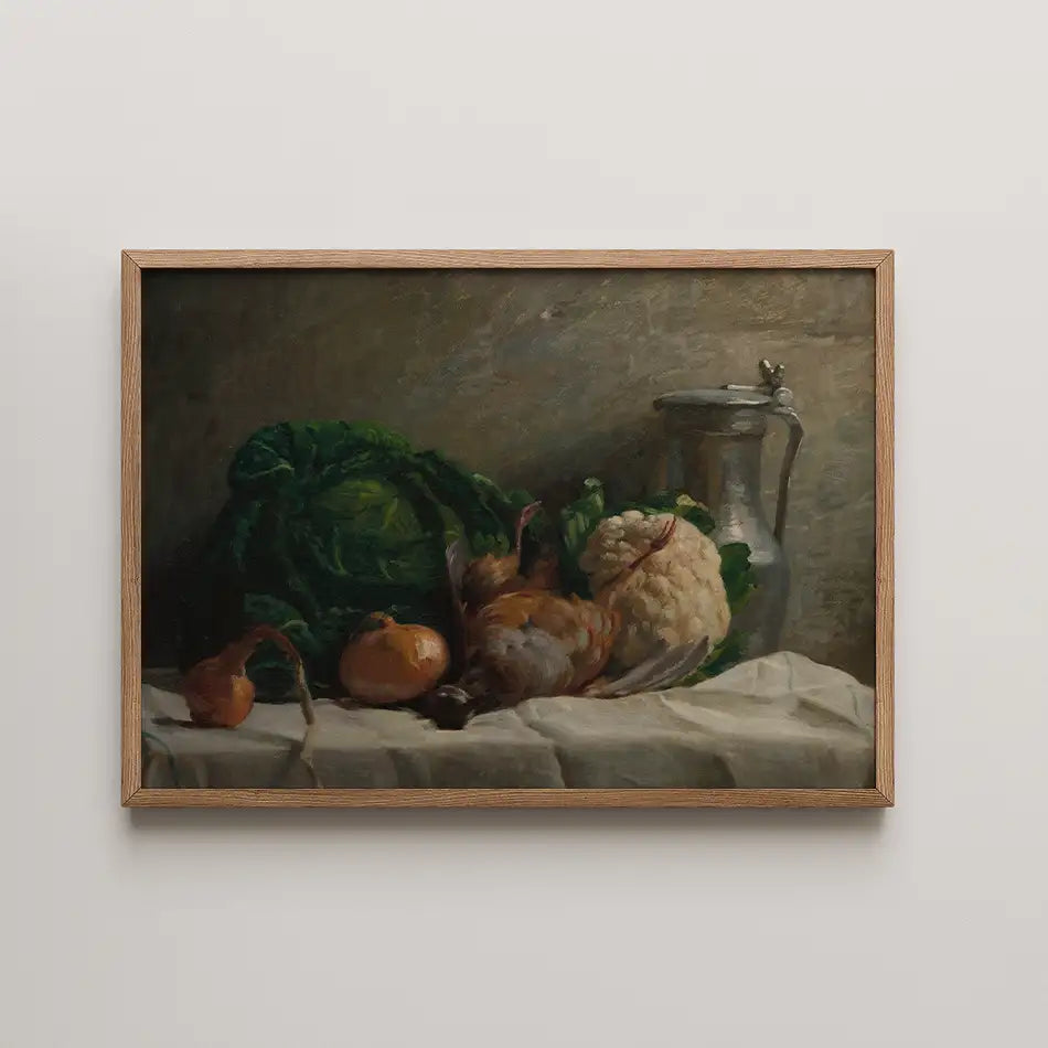 Still life painting featuring vegetables and a silver pitcher in a wooden frame.