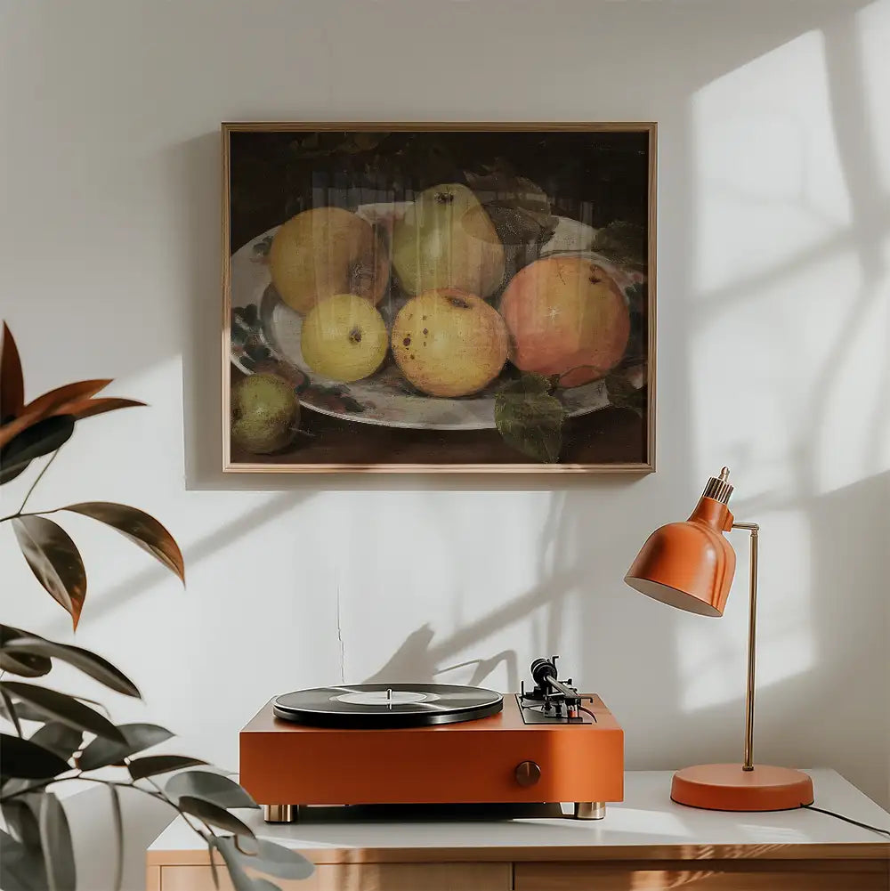 Painting of a still life with various fruits on a plate, displayed above a vintage record player and an orange desk lamp in a cozy interior setting.