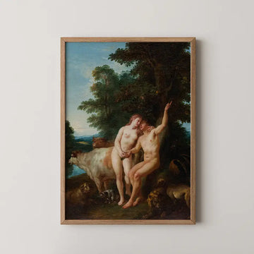 Nude couple embraced in a lush landscape with animals, framed painting on a white wall.