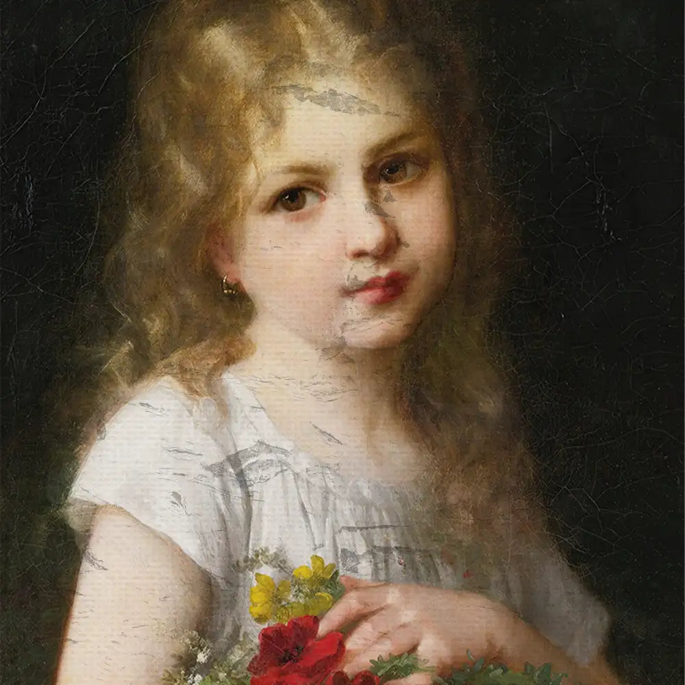 Portrait of a young girl with curly hair holding a bouquet of flowers, against a dark background.