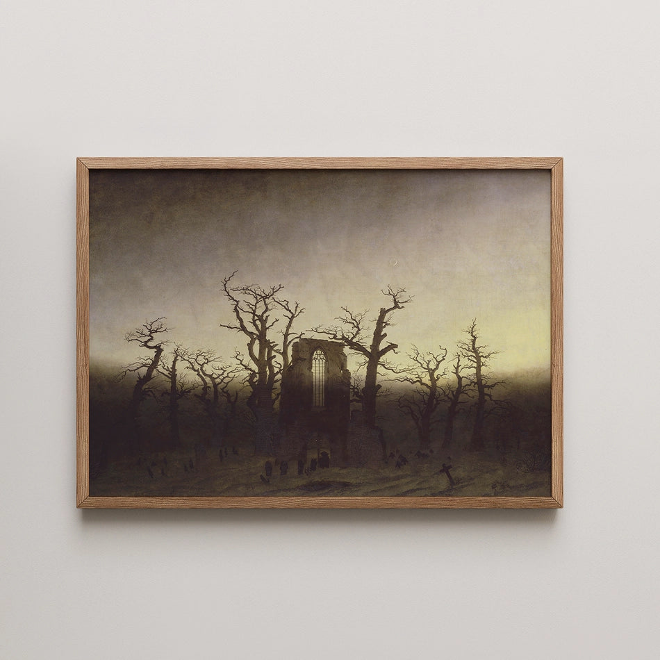 Framed painting of a dark, eerie landscape with bare trees and a ruined building against a twilight sky.