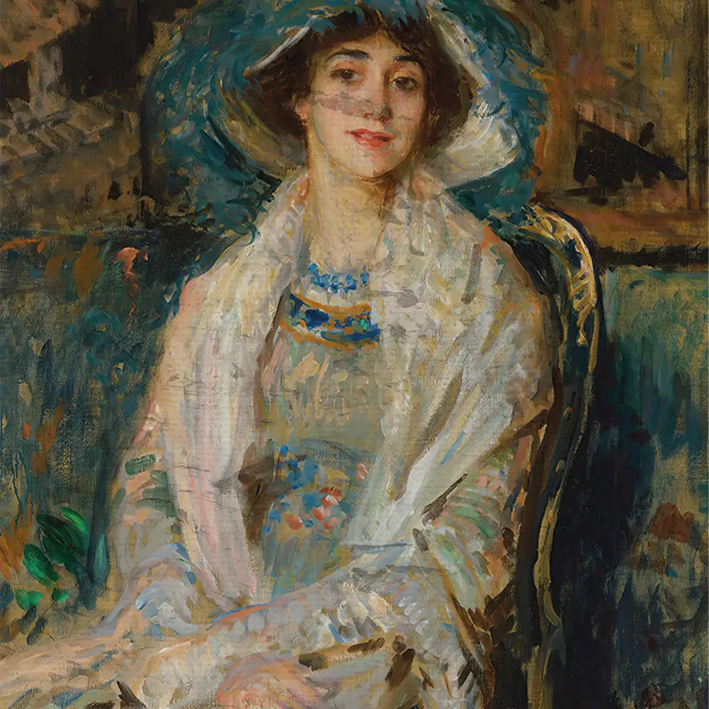 Portrait of a woman in a white dress and teal hat, seated gracefully with a serene expression, featuring soft brush strokes and a vibrant background.