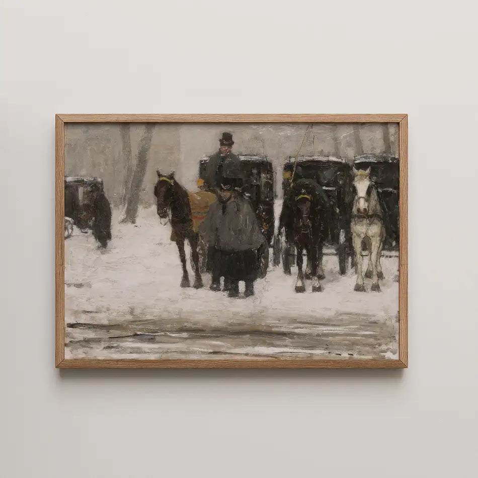 Painting of two horses and their drivers in winter attire, standing in a snowy landscape with horse-drawn carriages in the background, framed in wood.