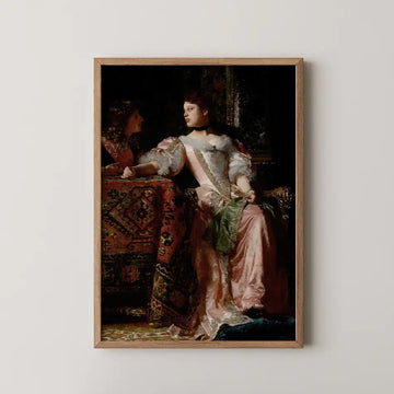 Painting of two elegantly dressed women in an ornate interior, framed in a wooden border.