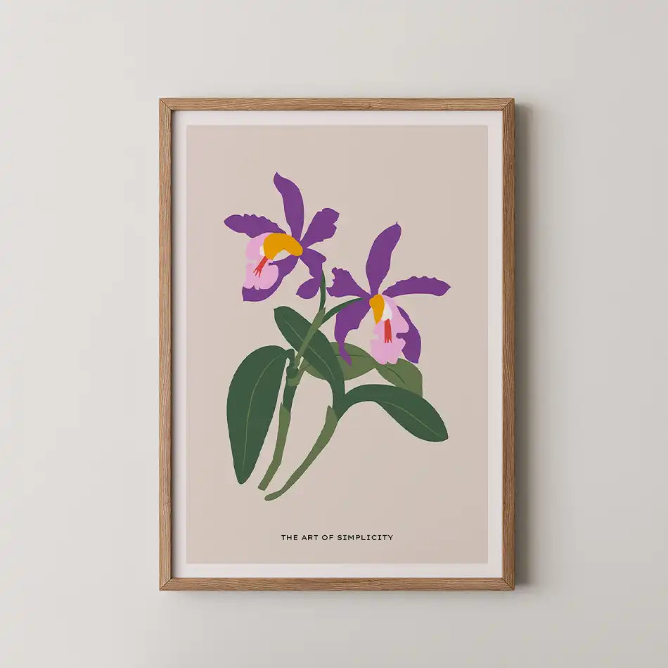 Elegant modern floral art print featuring purple Cattleya orchids against a neutral backdrop, showcasing botanical beauty and contemporary aesthetics.