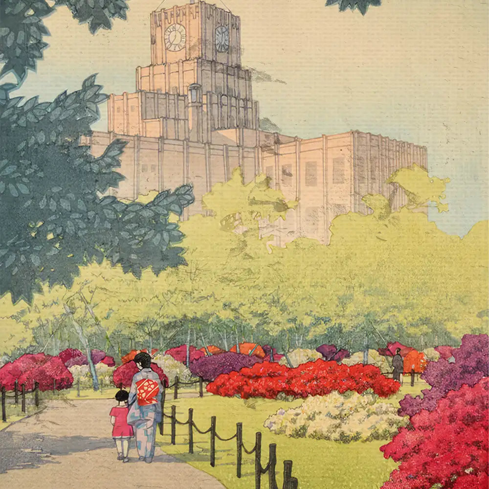 A picturesque park scene featuring a parent and child walking along a path surrounded by vibrant floral arrangements and a prominent clock tower in the background.