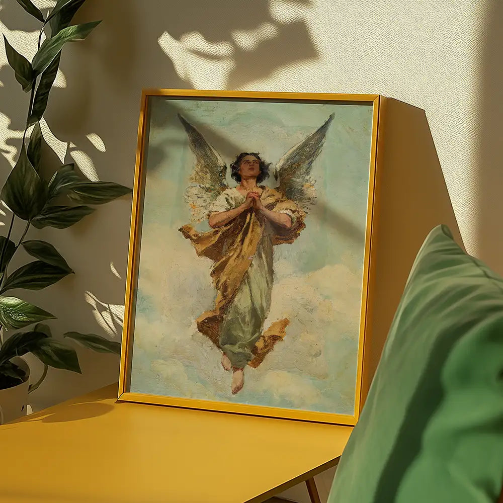 Framed painting of an angel with wings, set against a soft blue sky, displayed on a yellow table beside green cushions and a leafy plant.