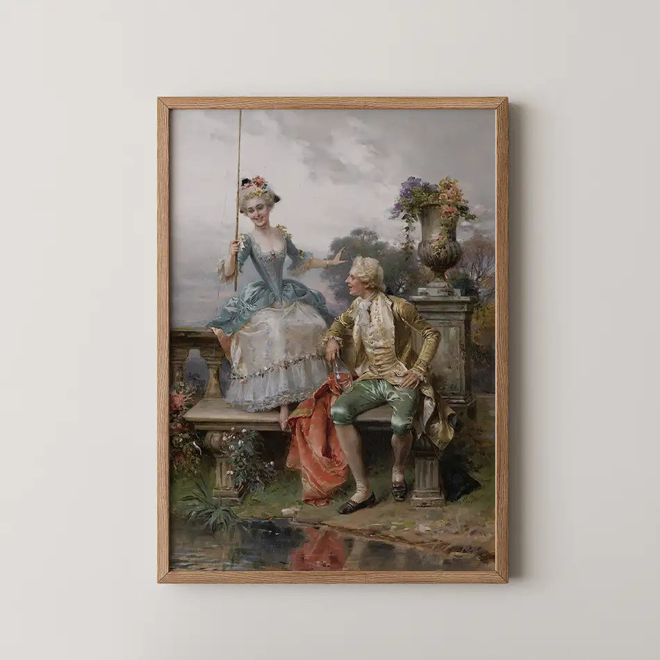 Framed vintage painting of a man and woman in an outdoor setting, the woman wearing a blue dress and holding a pole, the man in historical attire sitting beside her.