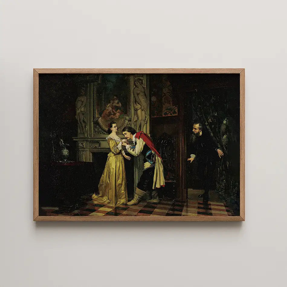 Framed painting of a historical scene featuring a woman in a yellow gown and a man in a cape interacting, with another man observing in the background.