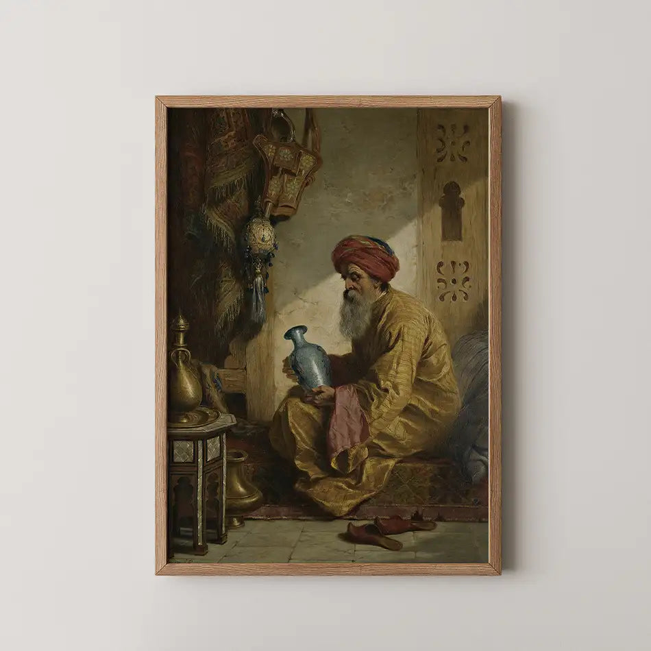 Painting of an elderly man in traditional attire sitting indoors, holding a blue ceramic jug, with decorative lanterns and textiles in the background, framed in wood.