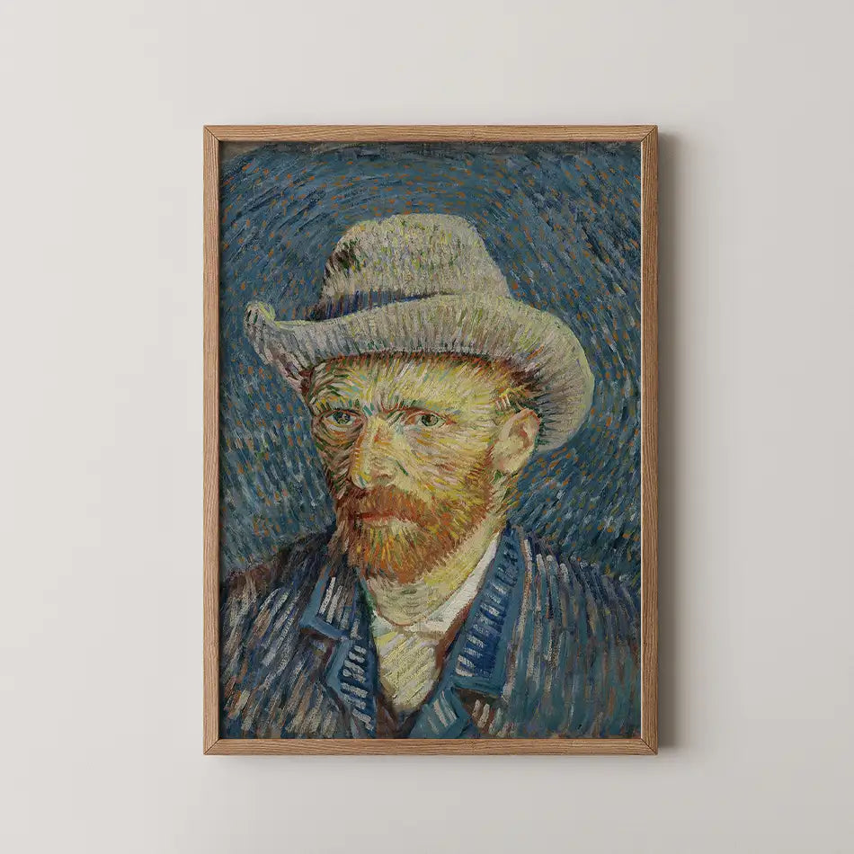 Framed painting of a bearded man wearing a hat against a swirling blue background, inspired by Vincent van Gogh's style.