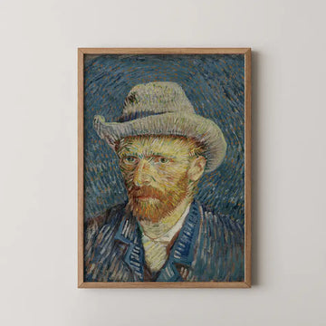Framed painting of a bearded man wearing a hat against a swirling blue background, inspired by Vincent van Gogh's style.