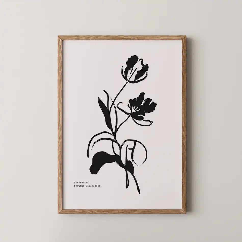 Elegant minimalist floral art print titled 'Bohemian Gaze' showcasing a black silhouette of blooming flowers on a white background, part of the Bohemian Collection."