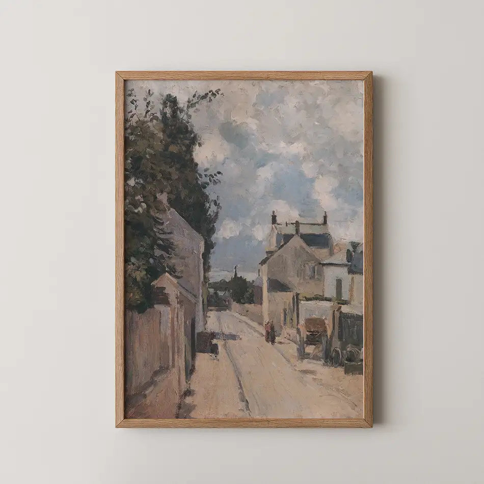 Post-impressionist painting of a serene street scene with two figures walking, framed in natural wood, set against a light-colored wall.