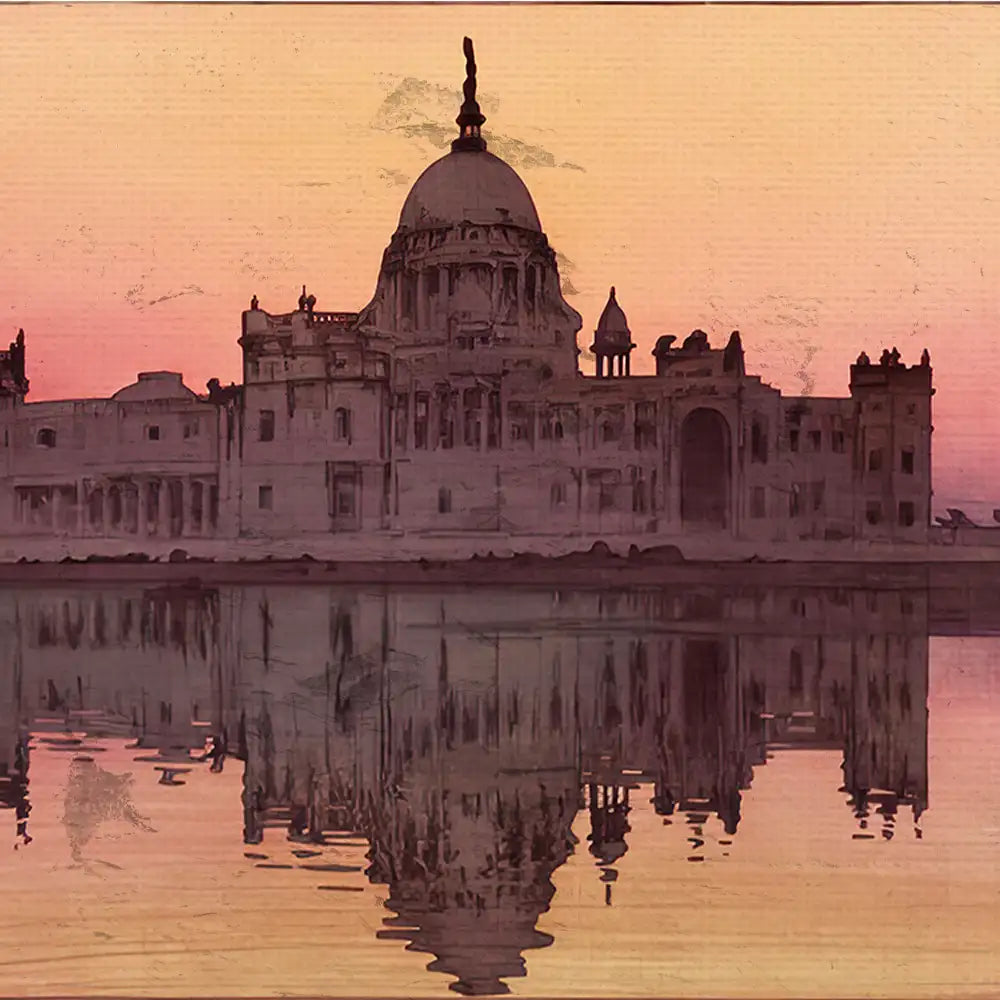 A beautifully painted silhouette of a historic building at sunset, reflecting in calm waters with a warm pink and orange sky.