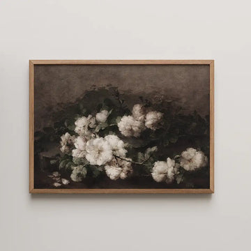 Floral painting featuring white flowers with green leaves in a wooden frame against a neutral background