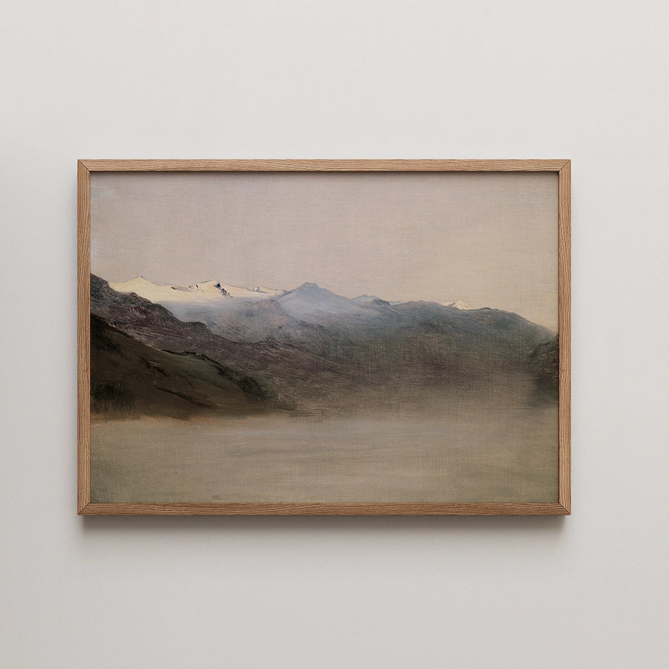 Framed painting of a serene mountain landscape with subdued colors and soft brushstrokes.