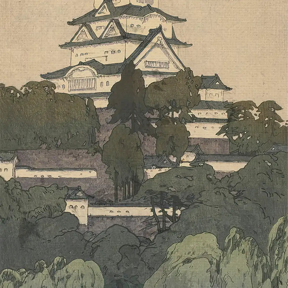 A vintage-style painting of a traditional Japanese castle surrounded by lush greenery and trees.