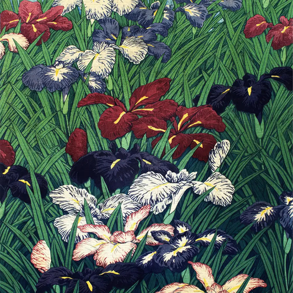Vibrant painting of colorful irises in lush green grass, featuring shades of red, white, and purple blooms.