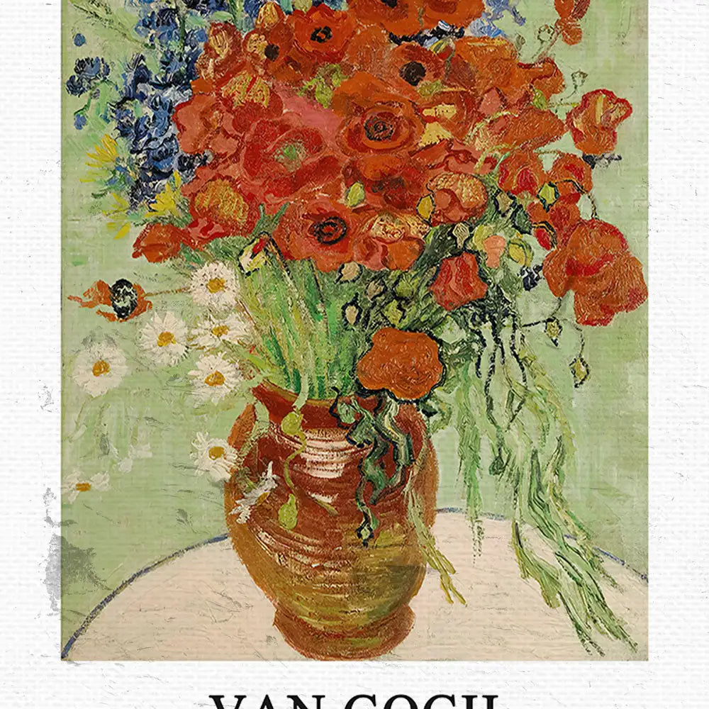 Painting of a colorful bouquet of flowers in a vase, featuring red poppies and daisies against a light green background, attributed to Van Gogh.