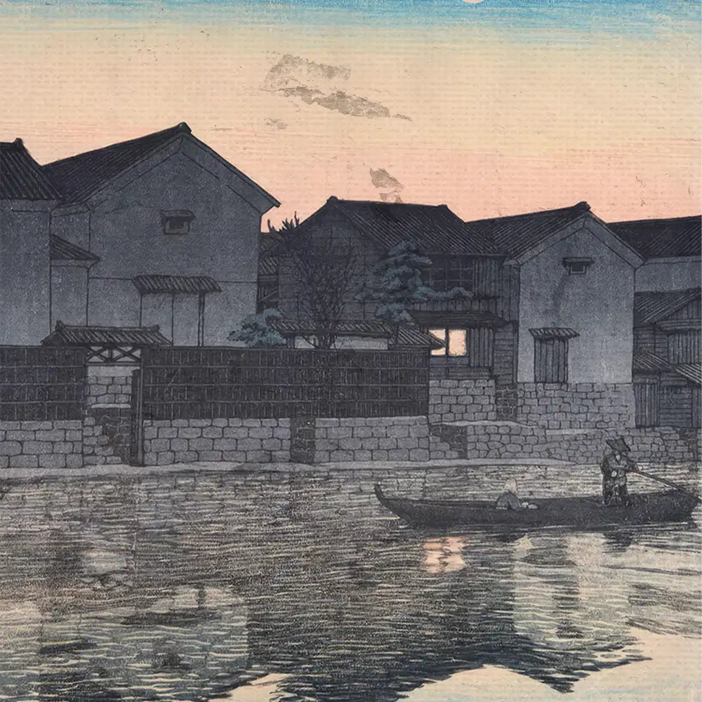 Traditional Japanese style painting depicting a tranquil riverside scene with wooden houses and a boatman at dusk.