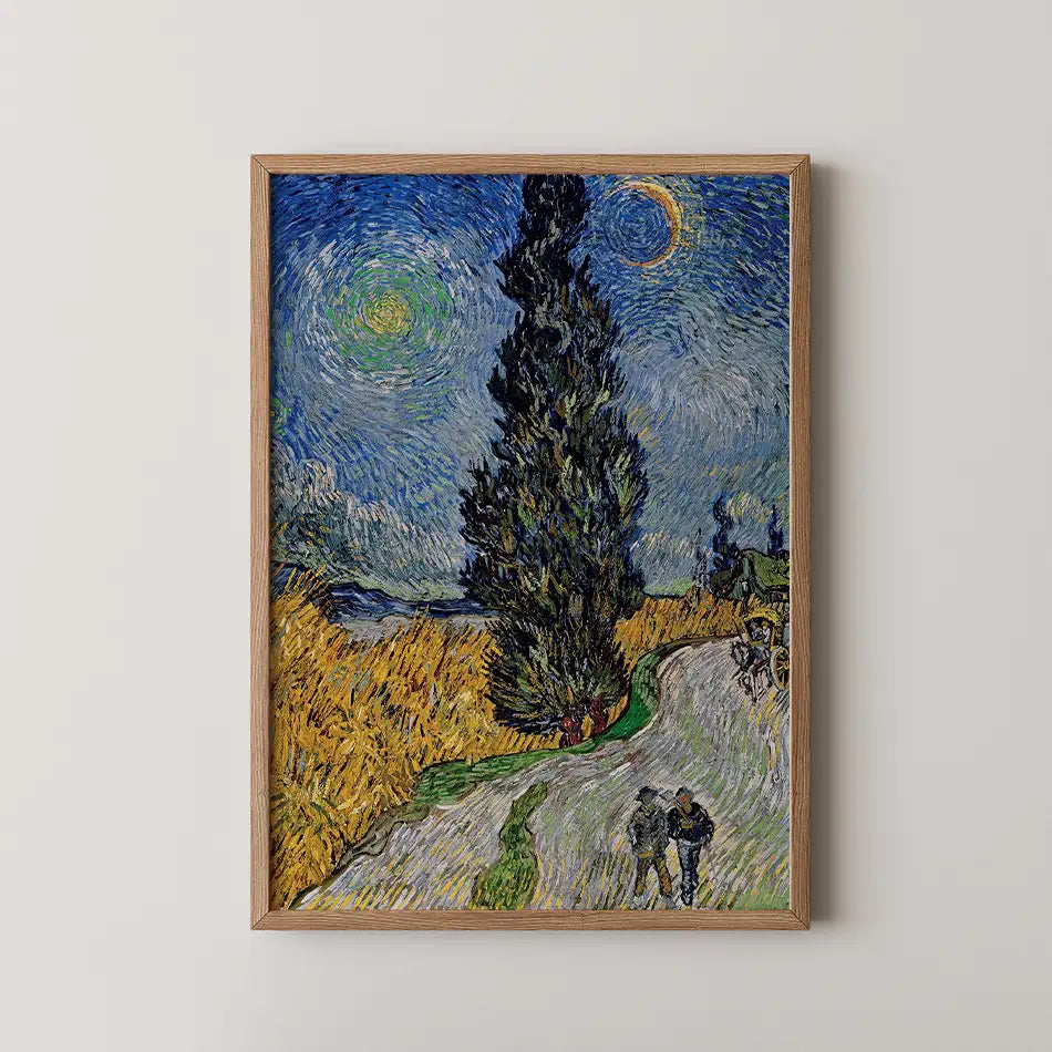 Framed painting of a winding path lined with cypress trees and wheat fields under a swirling blue sky, inspired by Vincent van Gogh.