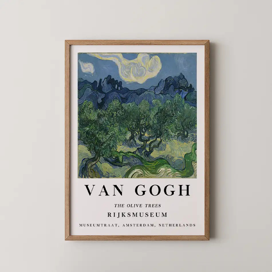 Framed poster of Vincent van Gogh's "The Olive Trees," featuring vibrant greens and blues with text indicating the painting's title and museum location.